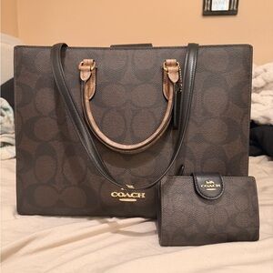 COACH Brown Signature Tote with Matching Wallet